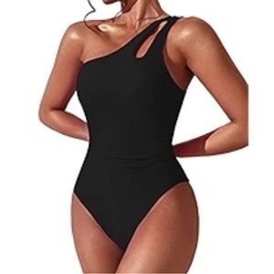 Beilon‎ Black One Shoulder Swimsuit Tummy Control Modest Coverage Cutout - XL